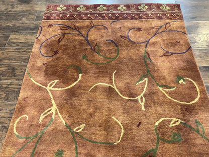 Vintage Hand Tufted Wool Silk Rug 5x8 Rust And Maroon Area Carpet