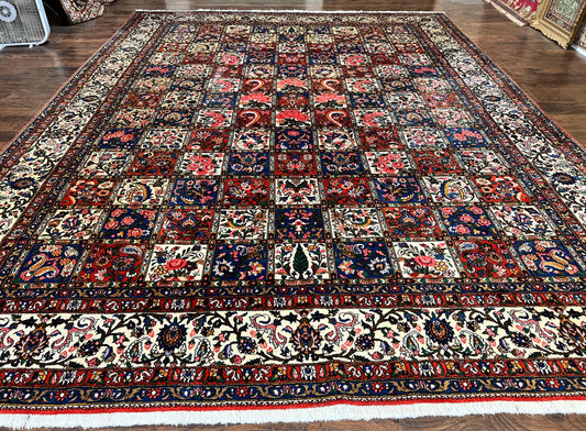 Persian Bakhtiari Rug 10x14 Hand Knotted Wool Vintage Carpet Multicolor Khesti Panel Design