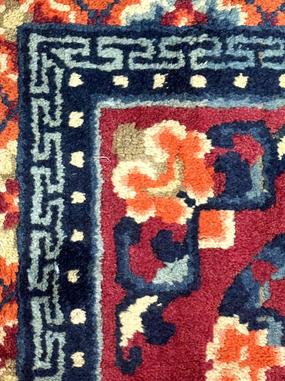 Small Antique Chinese Square Rug 2x3, Tibetan Rug, Red Orange Blue, 1920s Rug