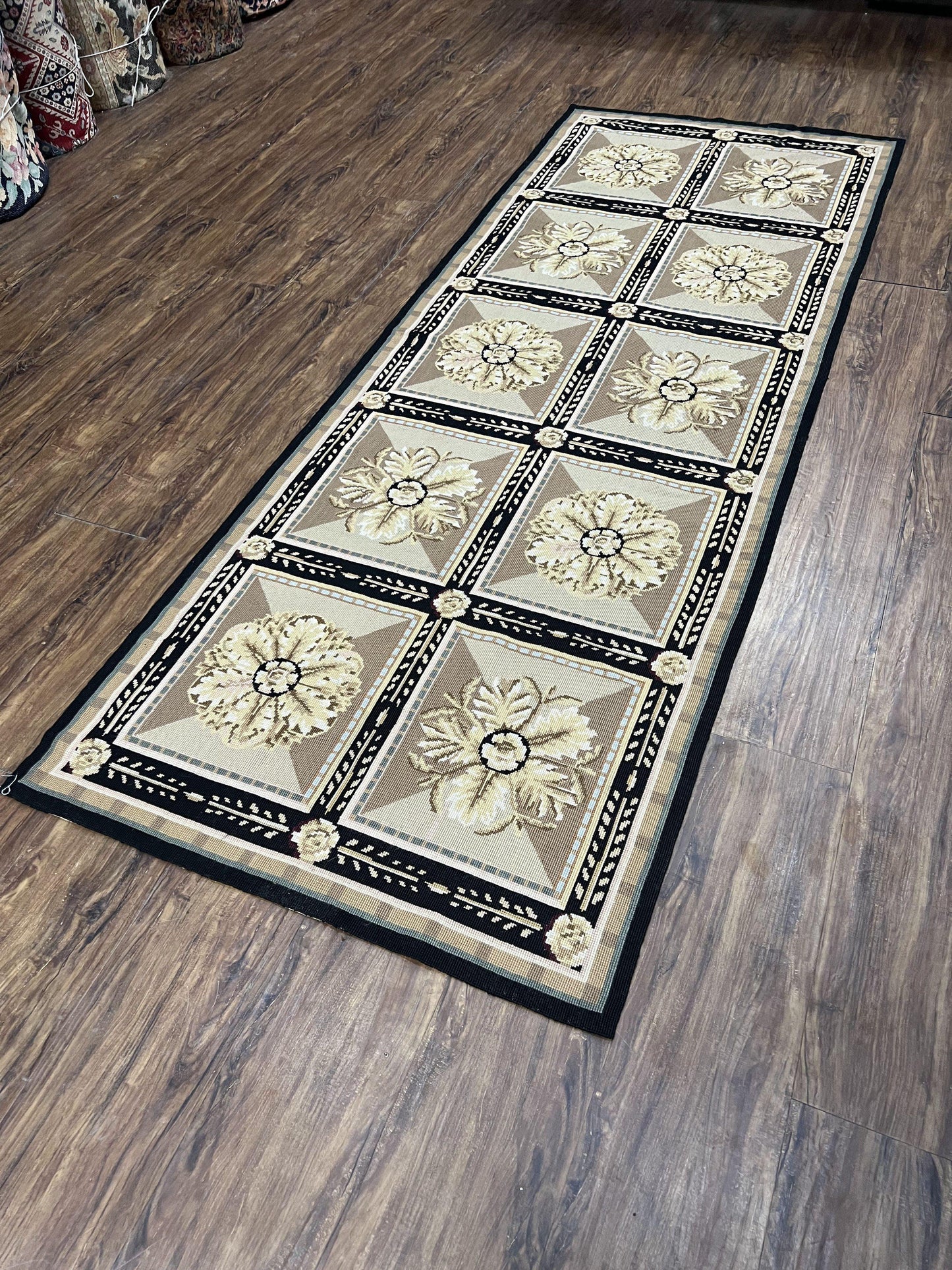 Needlepoint Runner Rug 3x8 Panel Design Rug, Flatweave Runner Rug, English Design, Floral, Short Runner Rug, Black and Beige Wool Hand-Woven