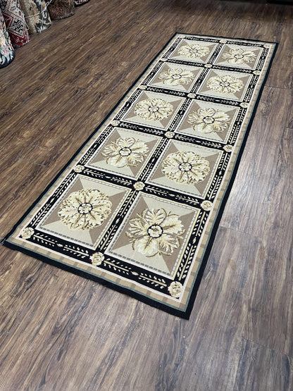 Needlepoint Runner Rug 3x8 Panel Design Rug, Flatweave Runner Rug, English Design, Floral, Short Runner Rug, Black and Beige Wool Hand-Woven