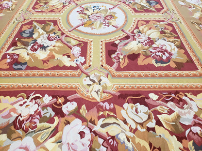 Vintage Chinese Aubusson Savonnerie Flat Pile Rug 9.9 x 14.5 Wool Handwoven Red & Khaki Large Flowers Rug 9x14 - 10x15 Michaelian Kolhberg