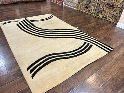Modern Rug 6x9 Cream and Black Abstract Pattern Wool Area Rug