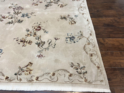 Handmade Chinese Aubusson Wool and Silk Rug 8x10 Vintage Beige Floral European Design