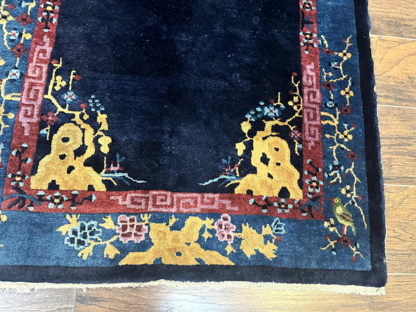 Antique Chinese Peking Rug 3x6 Handmade Wool Bird Motif Dark Blue Oriental Carpet