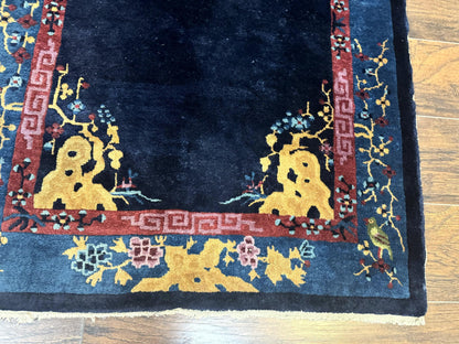 Antique Chinese Peking Rug 3x6 Handmade Wool Bird Motif Dark Blue Oriental Carpet