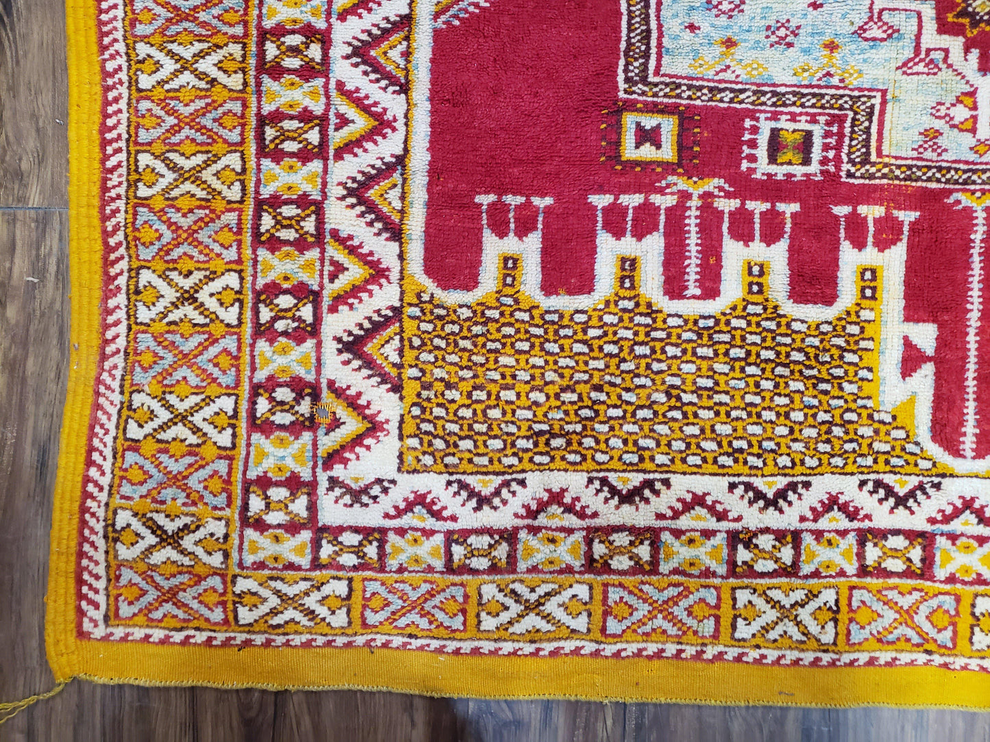 Vintage Moroccan Rug 6x10, Red and Yellow Moroccan Carpet, Handmade Bohemian Tribal Area Rug, Hand-Knotted 1970s Wool Rug, Medalions