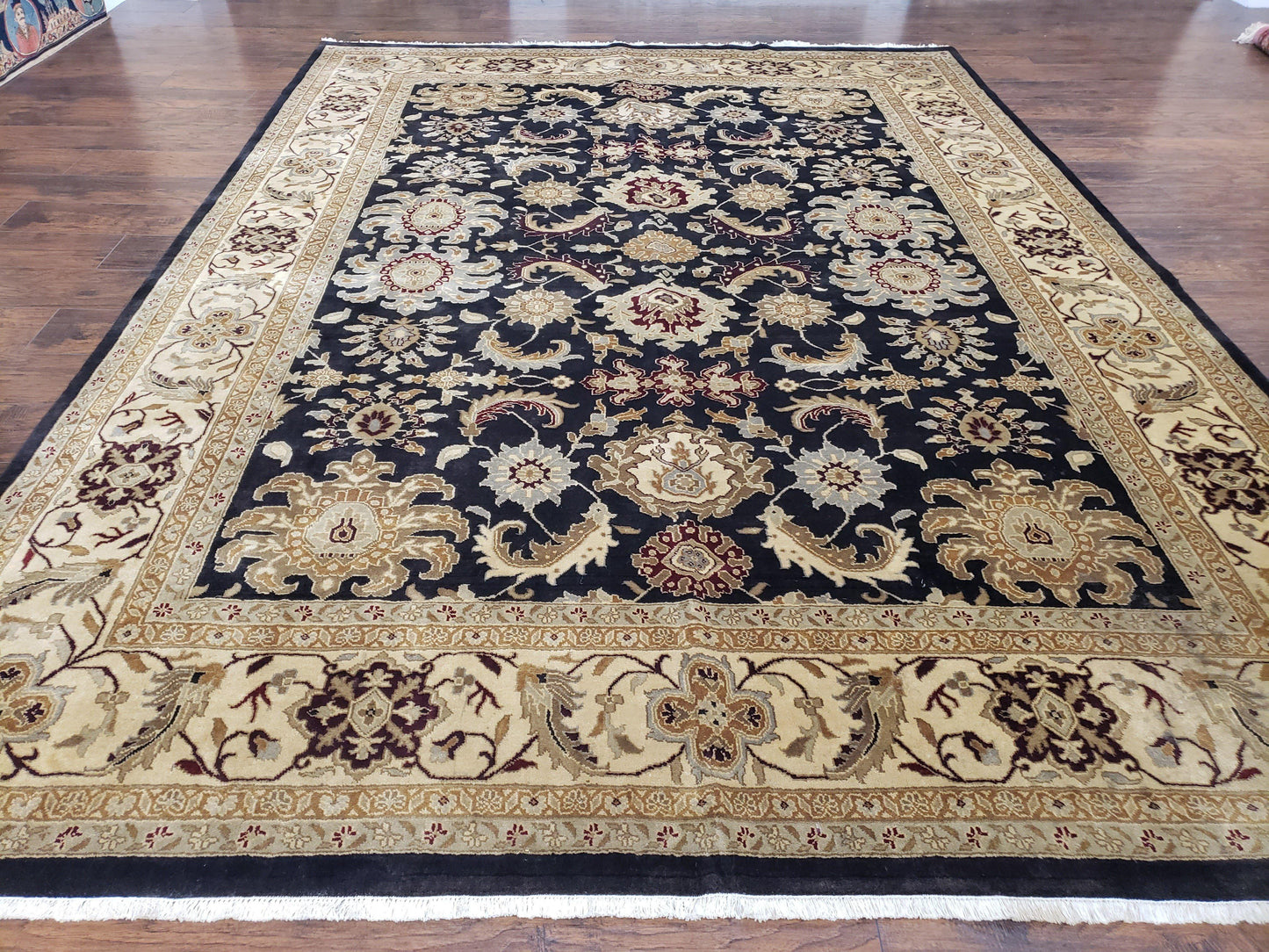 Indo Mahal Rug 8x12 Handmade Wool Area Rug With Black Floral Oriental For Dining Room