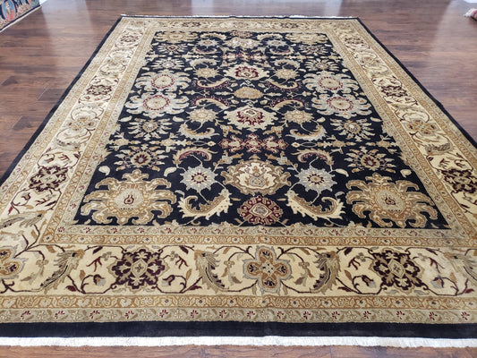 Indo Mahal Rug 8x12 Handmade Wool Area Rug With Black Floral Oriental For Dining Room