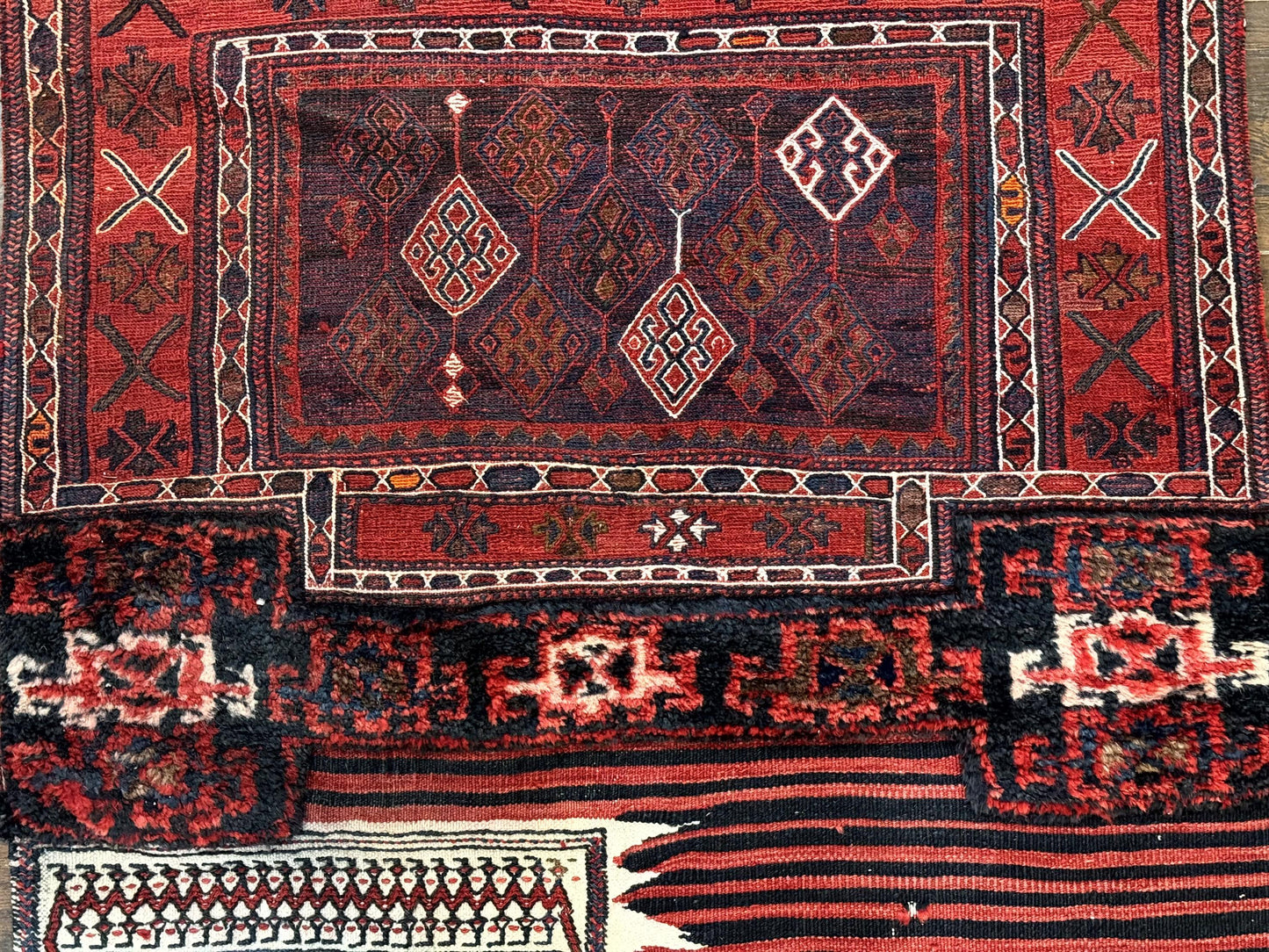 Persian Tribal Nomadic Saddle Cover Rug, Antique, Handmade, Wool, Red Ivory Black, Collectible, Shashavan