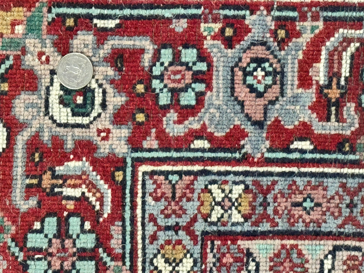 Indo Persian Bidjar Rug 8x11, Herati Mahi Pattern, Red Navy Blue, Handmade Vintage Wool Carpet