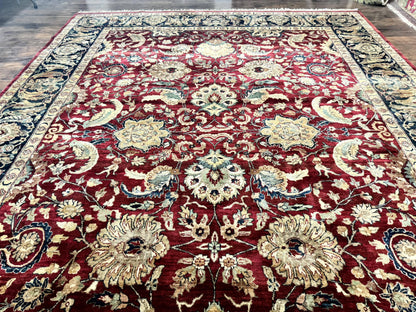 Indo Persian Rug 10x14 Vintage Handmade Wool Carpet Dark Red Navy Blue Beige