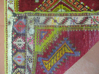 Antique Turkish Yastik Rug 2x3 Handmade Wool Oushak Red Oriental Carpet