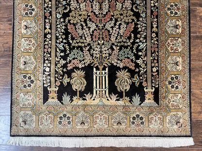 Luxury Sino Persian Silk Rug 4x6 Tree of Life Design Birds Hand Knotted Silk on Silk