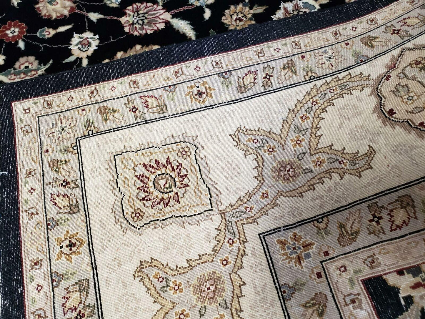 Vintage Wool Rug Oriental Floral Silk Highlights Black Handmade 8 Ft 5 In By 11 Ft 6 In