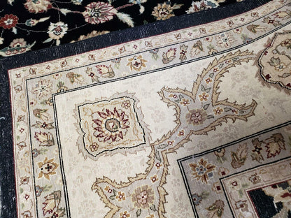 Vintage Wool Rug Oriental Floral Silk Highlights Black Handmade 8 Ft 5 In By 11 Ft 6 In