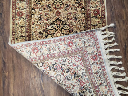 Silk Oriental Rug 1' 7" x 3', Very Fine Silk Carpet, Small Silk Rug, Traditional Floral Medallion, Hand-Knotted Cream Beige Vintage Silk Rug