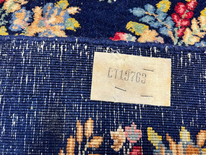 Persian Rug 9x12, Authentic Hand Knotted Carpet, Repeated Floral Motif Garden of Eden, Navy Blue Wool Rug 9 x 12, Semi Antique Kirman Rug
