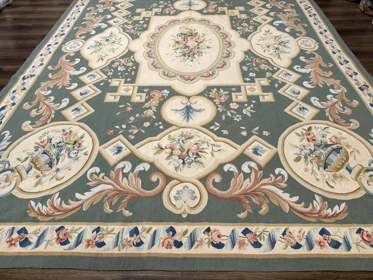 Aubusson Rug 9x12 Muted Sage Green Cream European Design Handwoven Wool