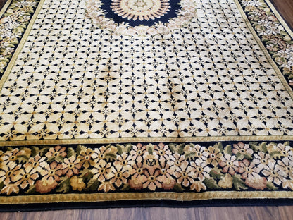 Indo Tibetan Wool Rug Handmade 6x8 Floral Border In Black Cream