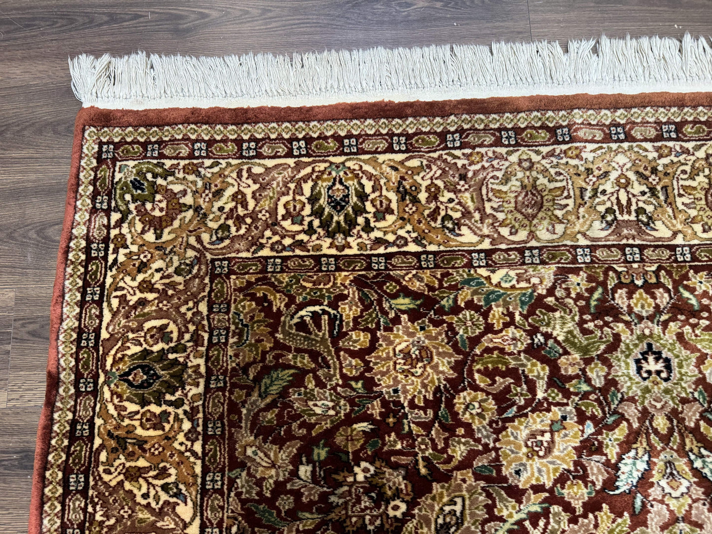 Tree Of Life Kashmiri Rug 6x9 Indian Wool Hand Knotted Rust Red Cream Animal Pictorials