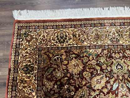 Tree Of Life Kashmiri Rug 6x9 Indian Wool Hand Knotted Rust Red Cream Animal Pictorials