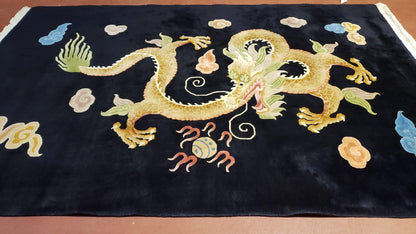 Antique Chinese Art Deco Rug 6x9 Hand Knotted Wool Dragon Black