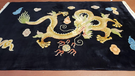 Antique Chinese Art Deco Rug 6x9 Hand Knotted Wool Dragon Black