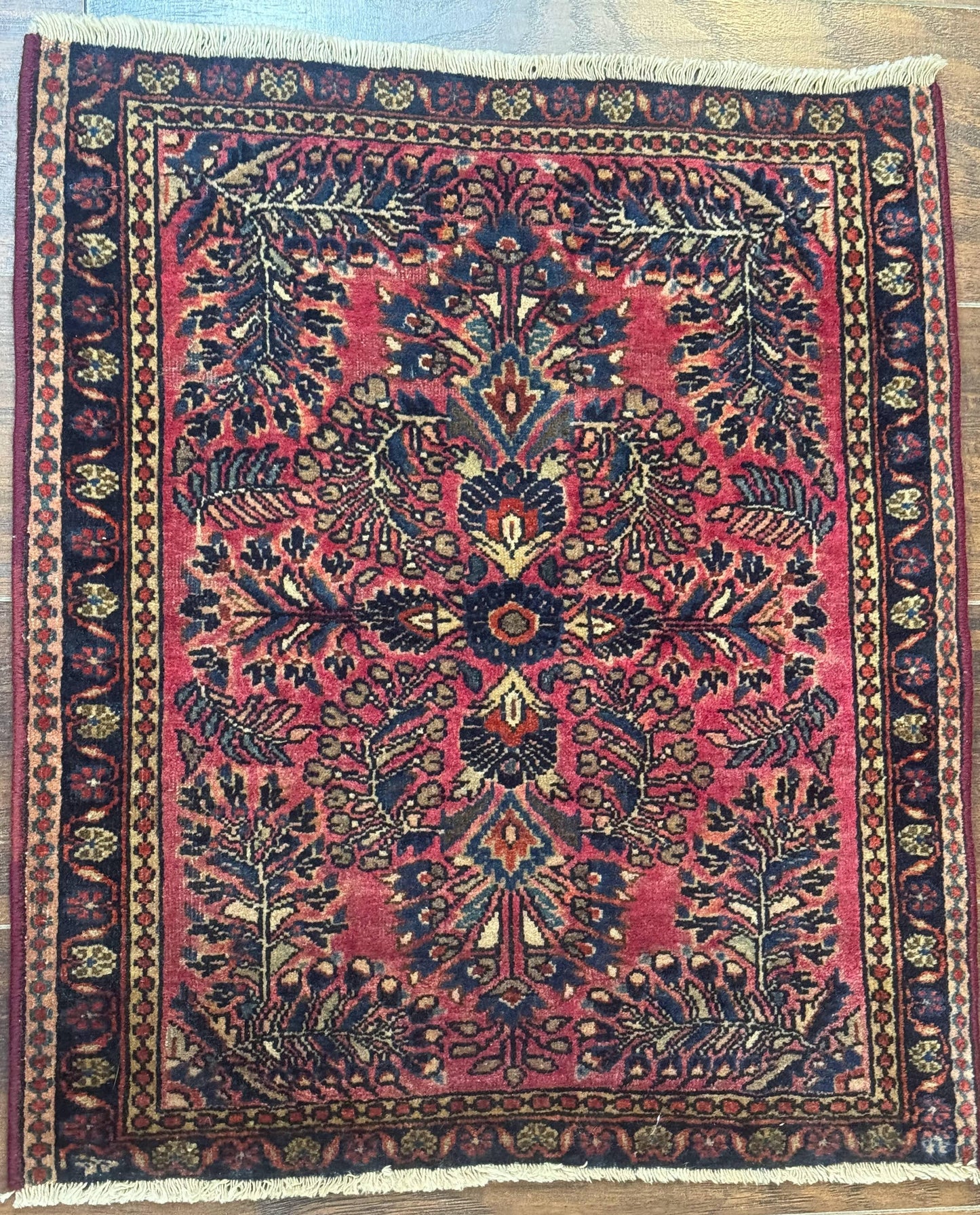Antique Persian Sarouk Rug 2x2 Ft Wool Red