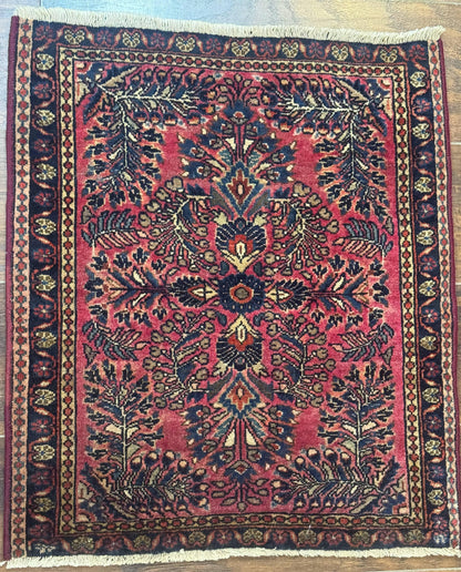 Antique Persian Sarouk Rug 2x2 Ft Wool Red