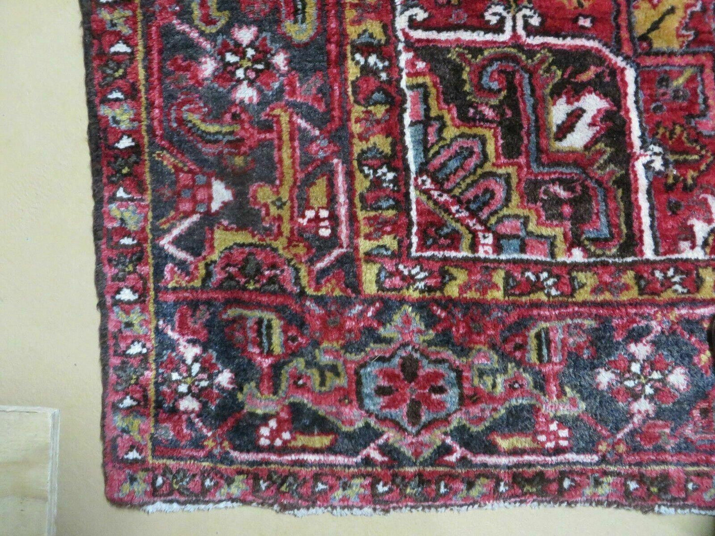 Heriz Rug 9x11, Geometric Persian Carpet Room Sized, Tribal Medallion Rug, Red Ivory Dark Blue Handmade Wool Rug for Living Room Dining Room
