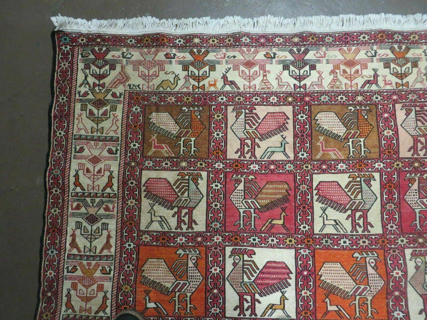 Vintage Russian Kilim Rug Handmade Flat Weave Soumak Silk Wool 4x6 Roosters Birds