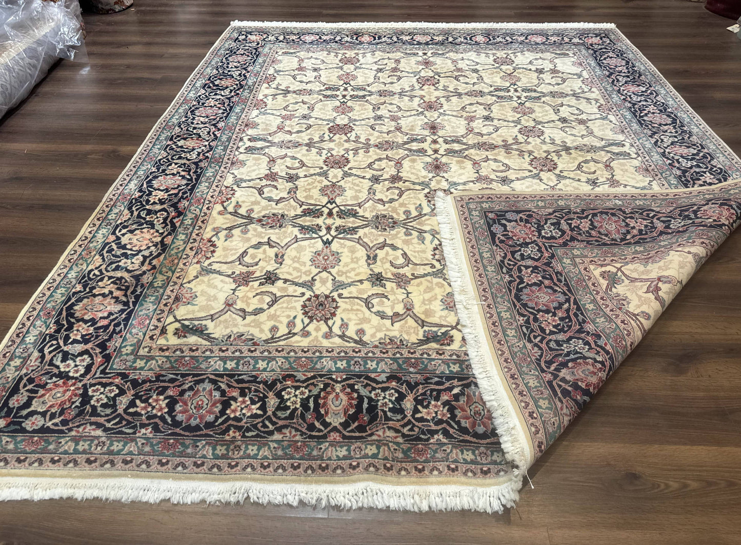 Sino Persian Rug 8x10, Allover Pattern, Beige and Midnight Blue, Wool Oriental Carpet