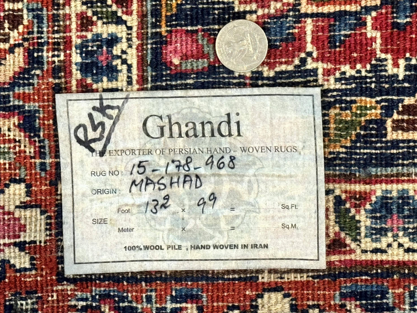 Antique Persian Mashad Rug 10x13, Red and Navy Blue, Great Colors, Signed By Masterweaver, Floral Medallion, Handmade Wool Persian Carpet