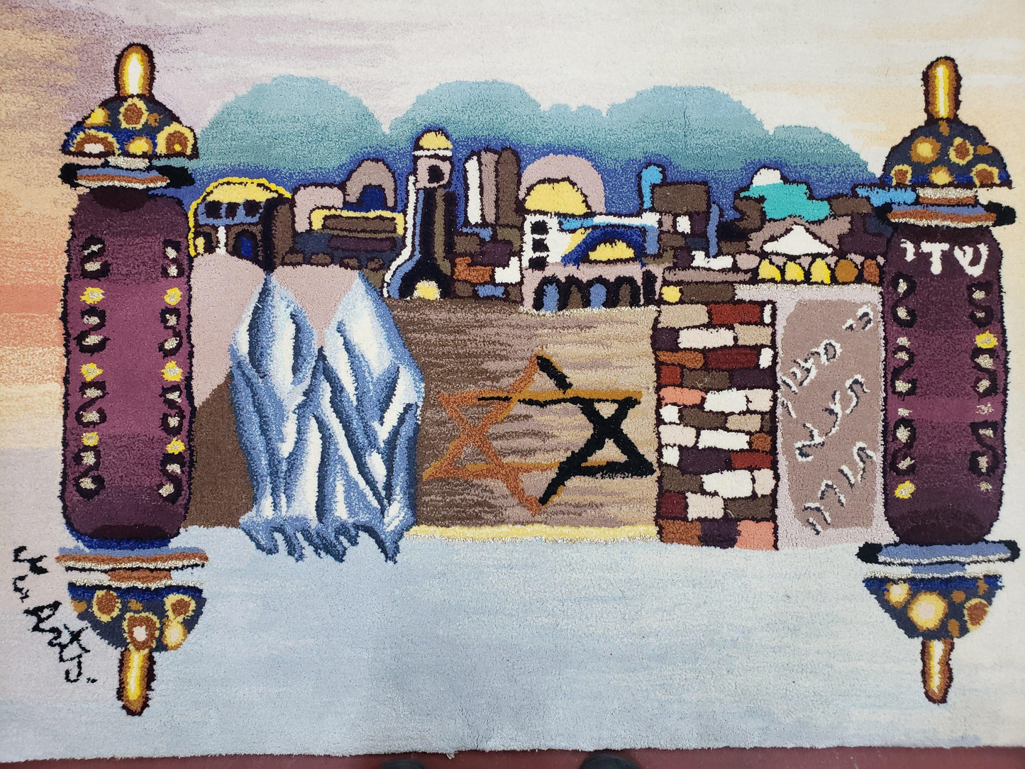 Vintage Judaica Pictorial Rug 3x5, Wool Hand-Tufted Israeli Signed Rug, Jerusalem Rug, Star of David Torah Scroll Verses, Chanuka Gift