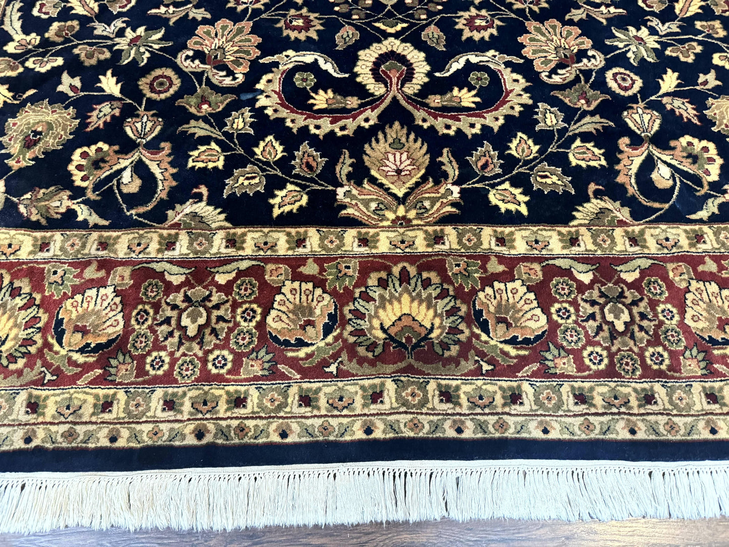 Indo Persian Rug 8x10, Navy Blue and Red, Floral Allover, Hand Knotted Vintage Wool Carpet, Indo Sarouk