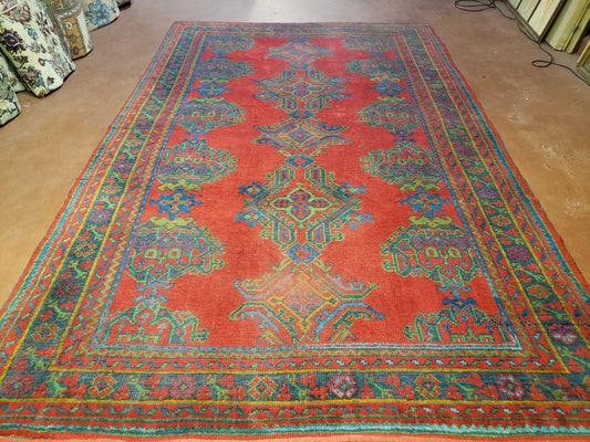 Turkish Oushak Rug 7x11 Vintage Red And Blue Hand Knotted Wool Area Rug