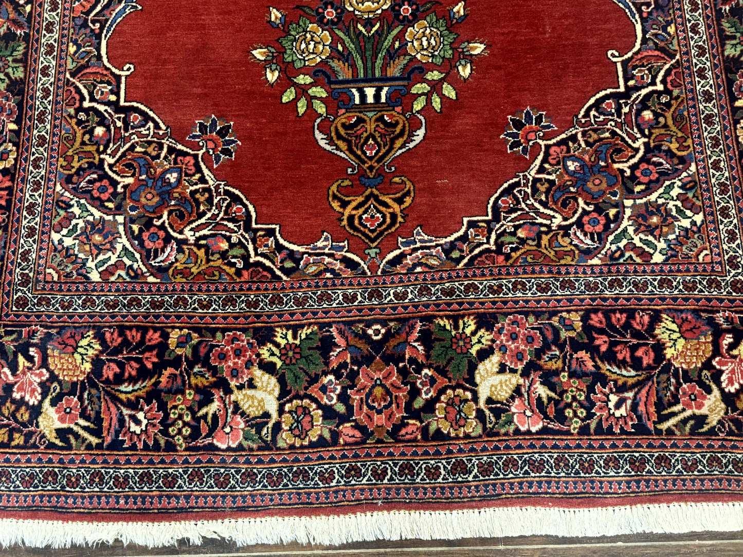 Red Persian Kashan Rug 4x6, Very Fine 260 KPSI, Red and Navy Blue Persian Carpet, Semi Open Field