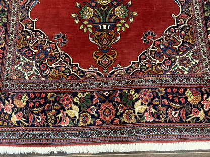 Red Persian Kashan Rug 4x6, Very Fine 260 KPSI, Red and Navy Blue Persian Carpet, Semi Open Field