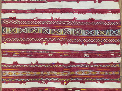 Turkoman Yamud Rug Antique 1920s Hand Knotted 3x5 ft Sofreh Table Cover Tribal Bohemian Ivory and Red