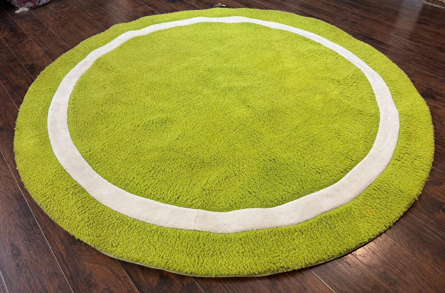 Vintage Lime Green Round Wool Rug 9x9 Hand Tufted Open Field
