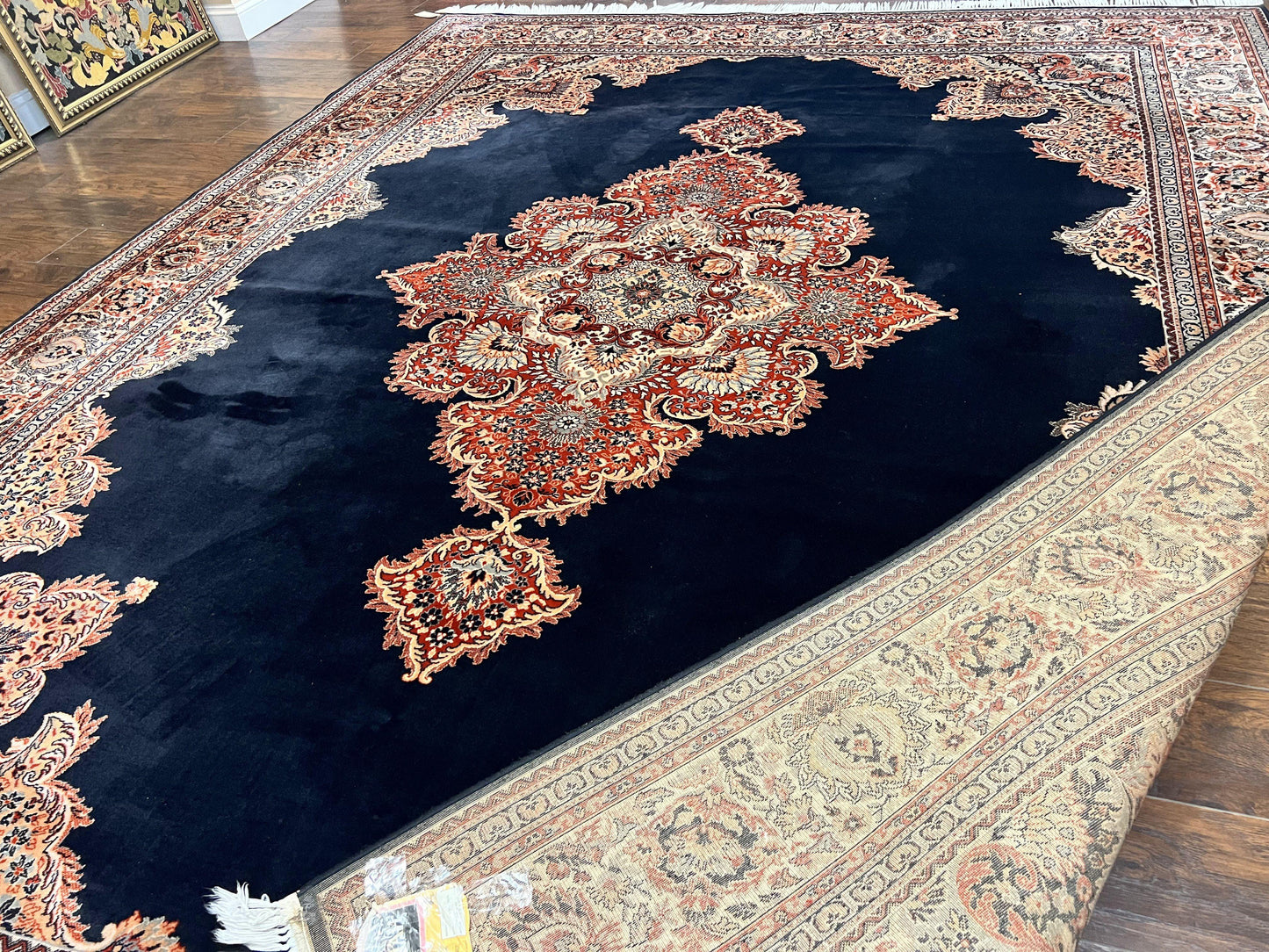 Karastan Rug 10x13, Karastan Ebony Kirman Rug, Room SIzed Wool Pile Vintage Karastan Carpet, Belgium Power Loomed Rug, Black Semi Open Field