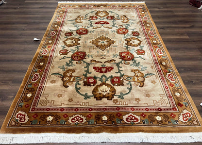 Chinese Wool Rug Hand Knotted Vintage Oriental Medallion Area Rug Pair Tan And Brown