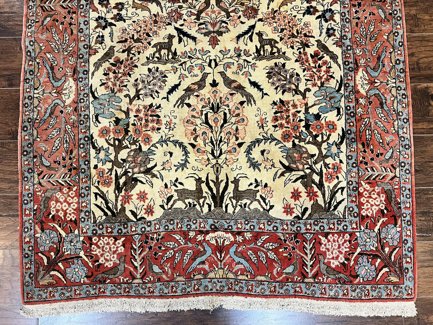 Persian Tree of Life 5x7, Qum Rug, Animal Motifs, Deer Birds, Fine 225 KPSI, Semi Antique Wool Rug, Cream Red