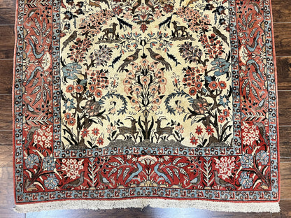Persian Tree of Life 5x7, Qum Rug, Animal Motifs, Deer Birds, Fine 225 KPSI, Semi Antique Wool Rug, Cream Red