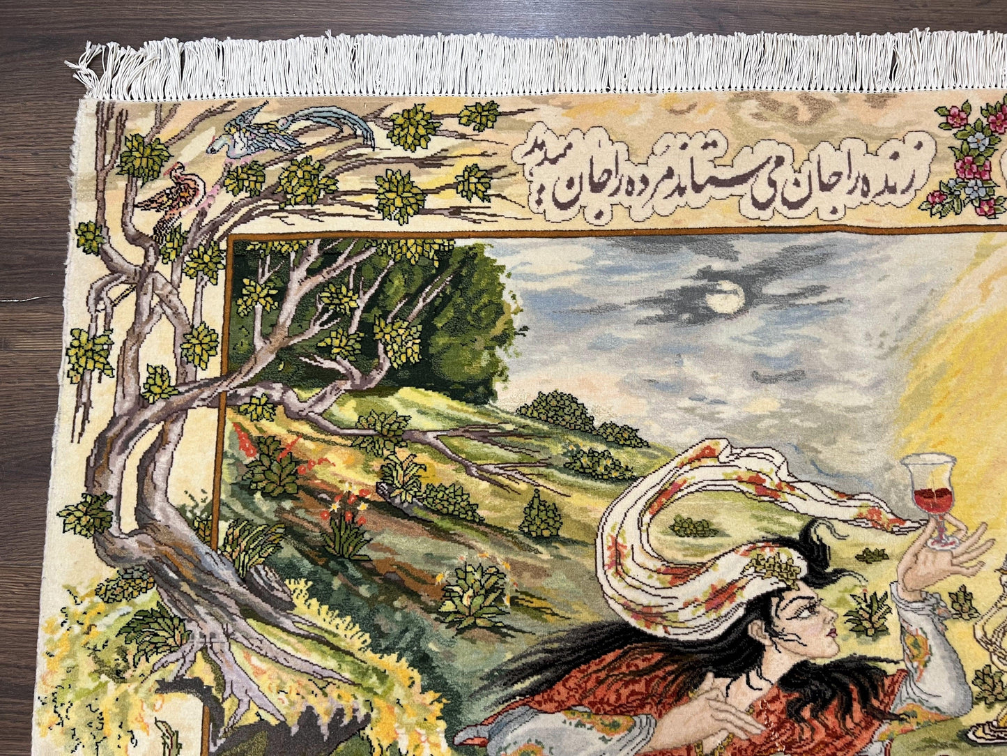 Persian Tabriz Pictorial Rug Hand Knotted Wool 5x3 Hafez Poetry Border