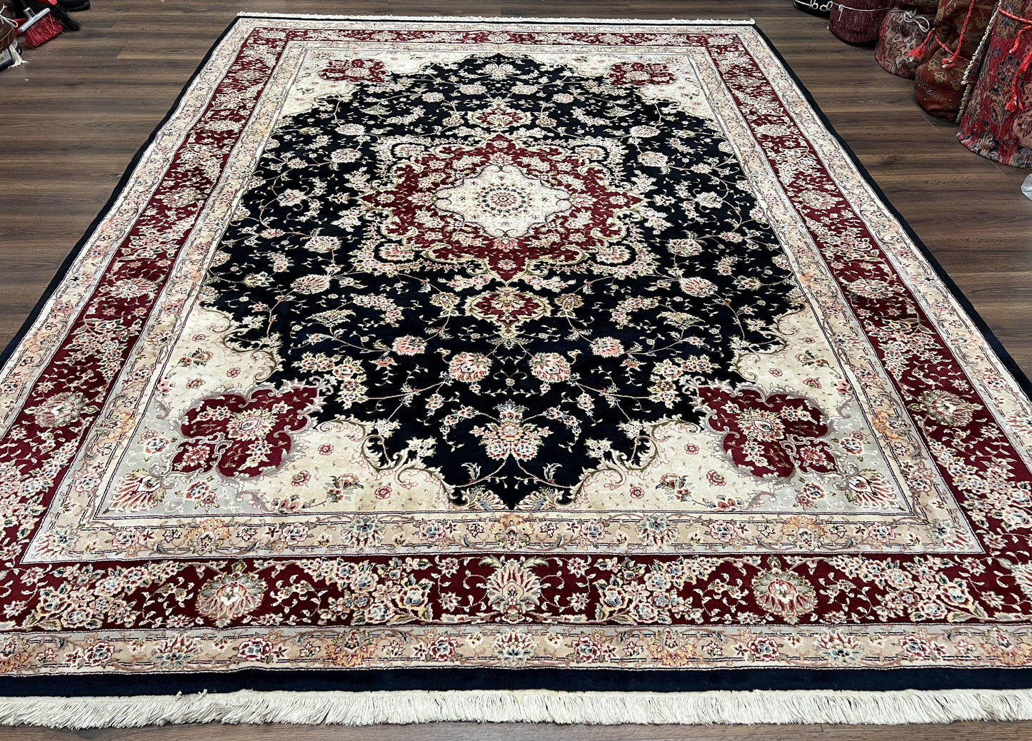 Pak Persian Rug 8.8 x 10.6, Floral Medallion, Wool and Silk Hand Knotted Fine Oriental Carpet, Elegant Rug, Black Gray Burgundy, Room Sized