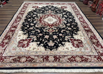 Pak Persian Rug 8.8 x 10.6, Floral Medallion, Wool and Silk Hand Knotted Fine Oriental Carpet, Elegant Rug, Black Gray Burgundy, Room Sized