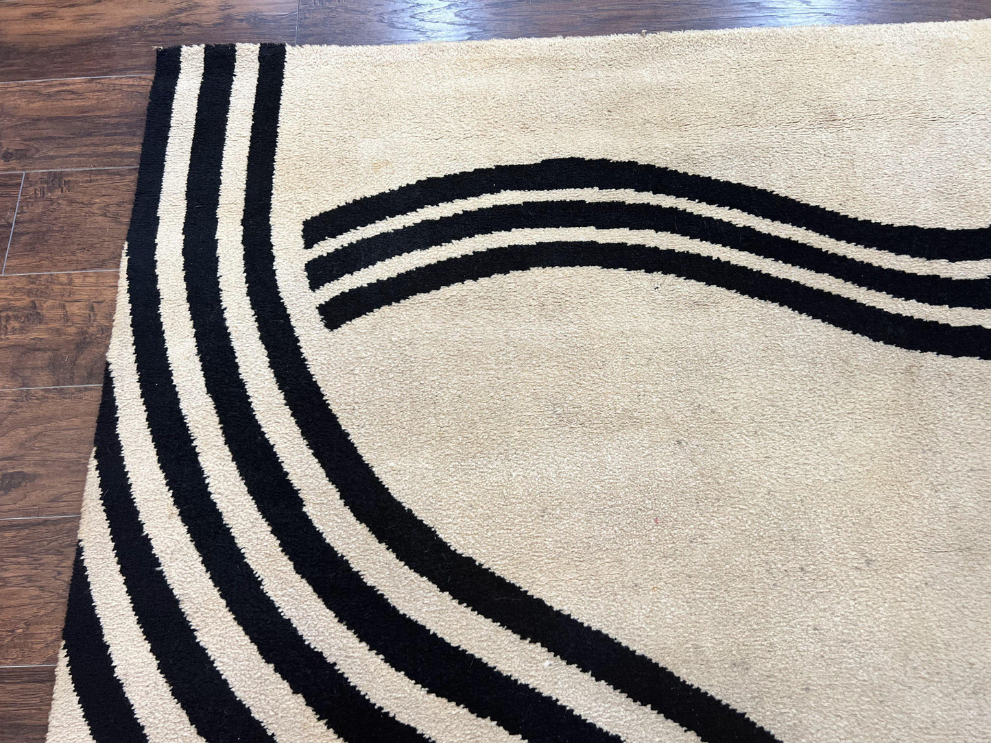 Modern Rug 6x9 Cream and Black Abstract Pattern Wool Area Rug