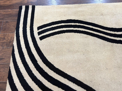 Modern Rug 6x9 Cream and Black Abstract Pattern Wool Area Rug
